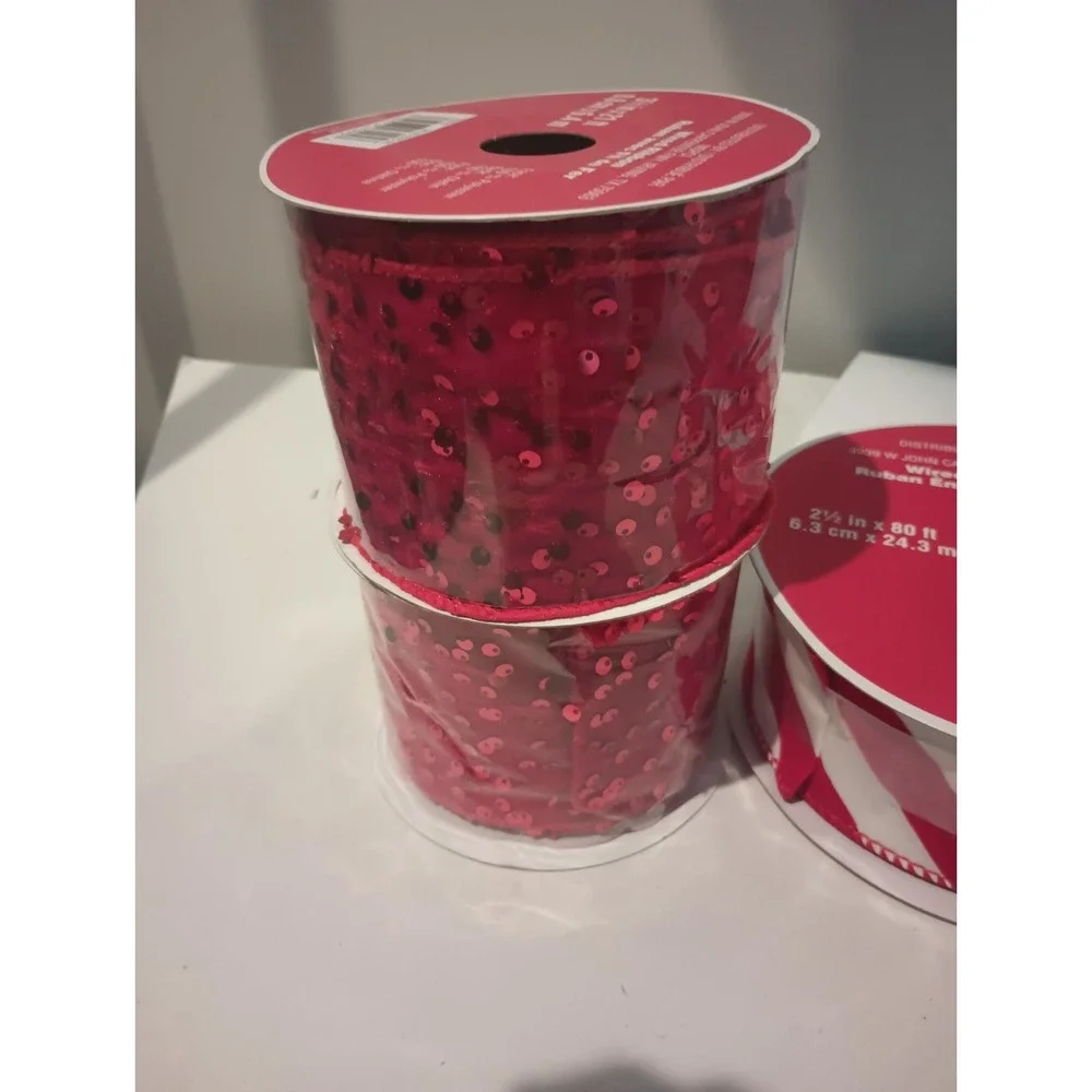 Christmas Wired Ribbon Lot 5 Spools Red Sequin Candy Cane Stripe Glitter Craft